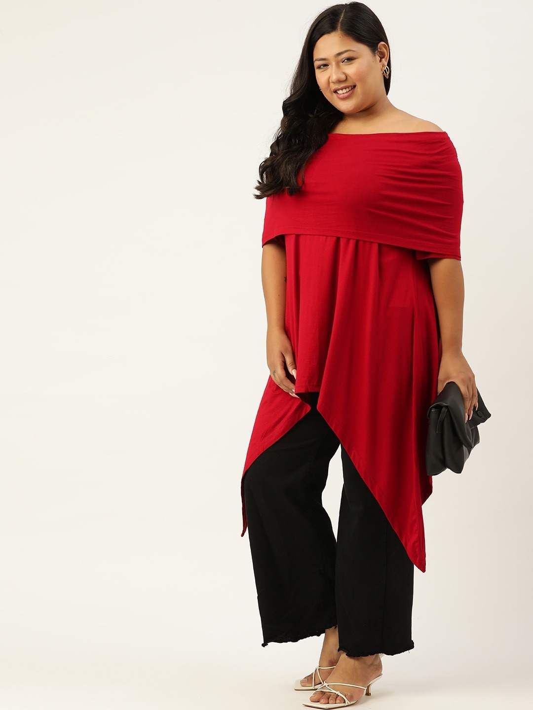 Women's Plus Size Maroon Off-Shoulder Asymmetrical Longline Top