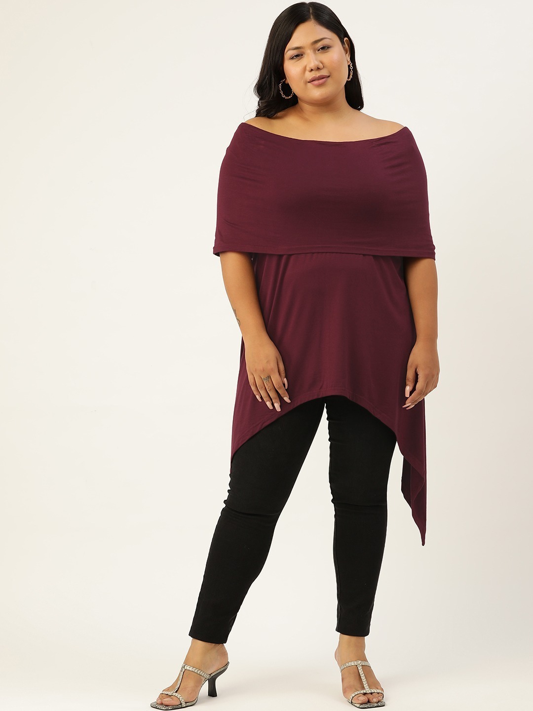 Women's Plus Size Purple Off-Shoulder Asymmetrical Longline Top
