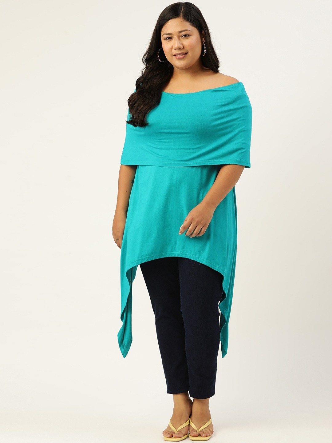 Women's Plus Size Turq Off-Shoulder Asymmetrical Longline Top