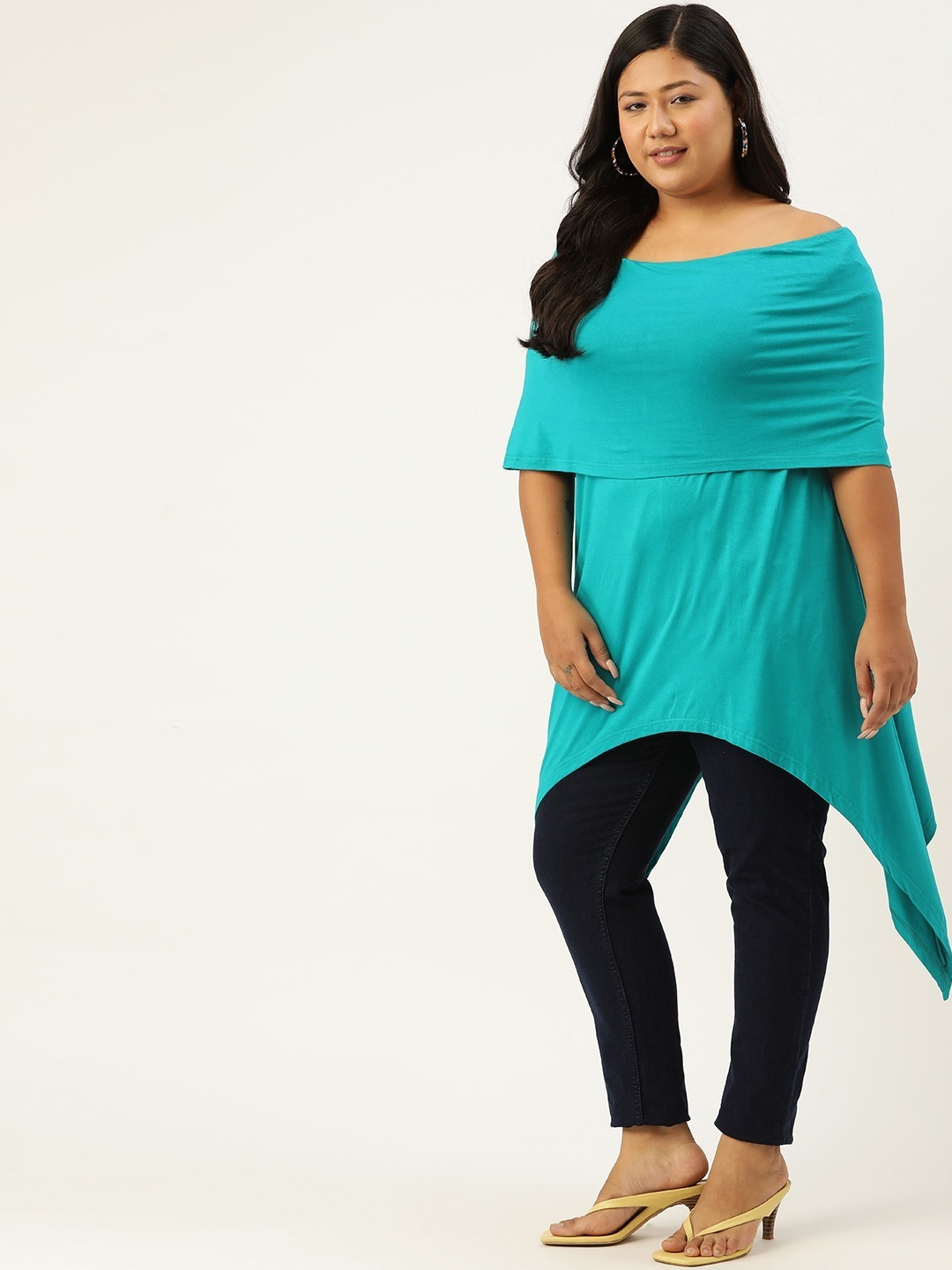 Women's Plus Size Turq Off-Shoulder Asymmetrical Longline Top