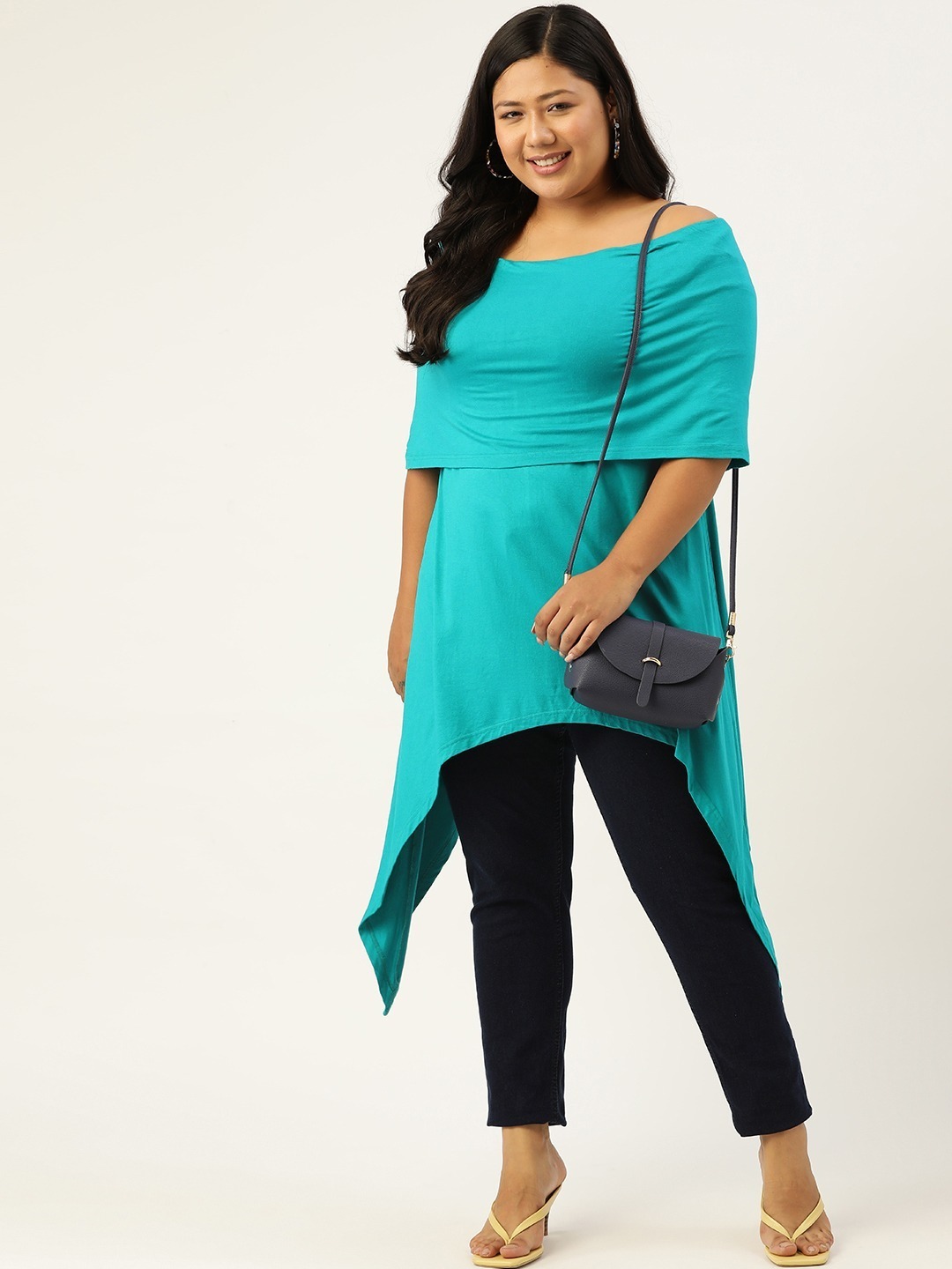 Women's Plus Size Turq Off-Shoulder Asymmetrical Longline Top