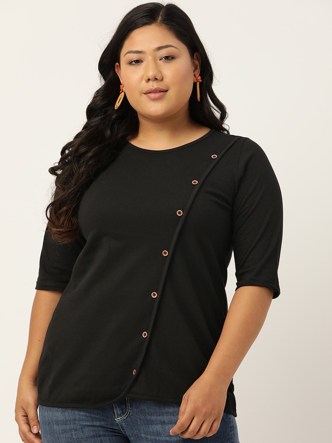 Women's Plus SizeBlack Solid Color Diagonal Button Cotton Top