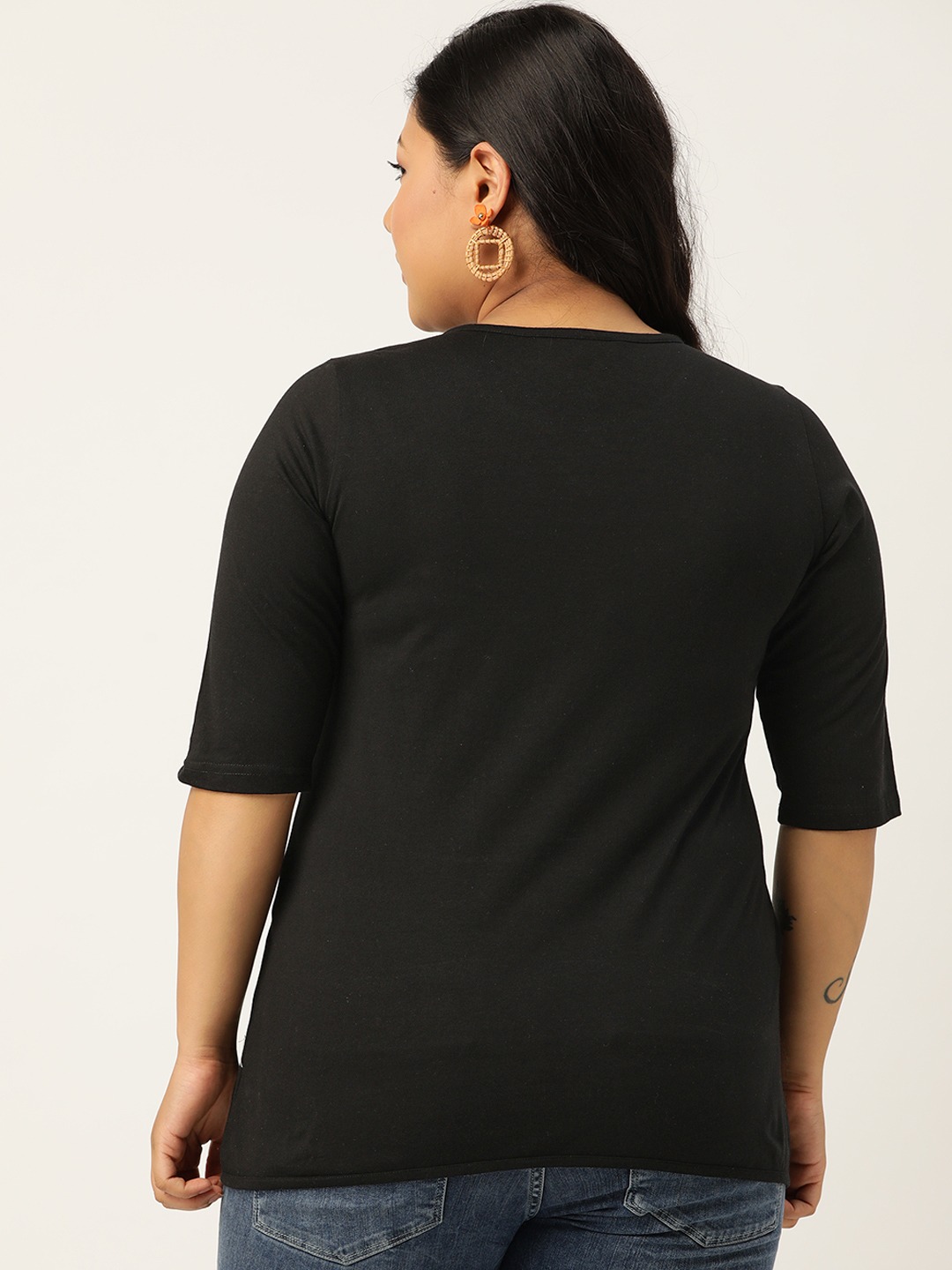Women's Plus SizeBlack Solid Color Diagonal Button Cotton Top