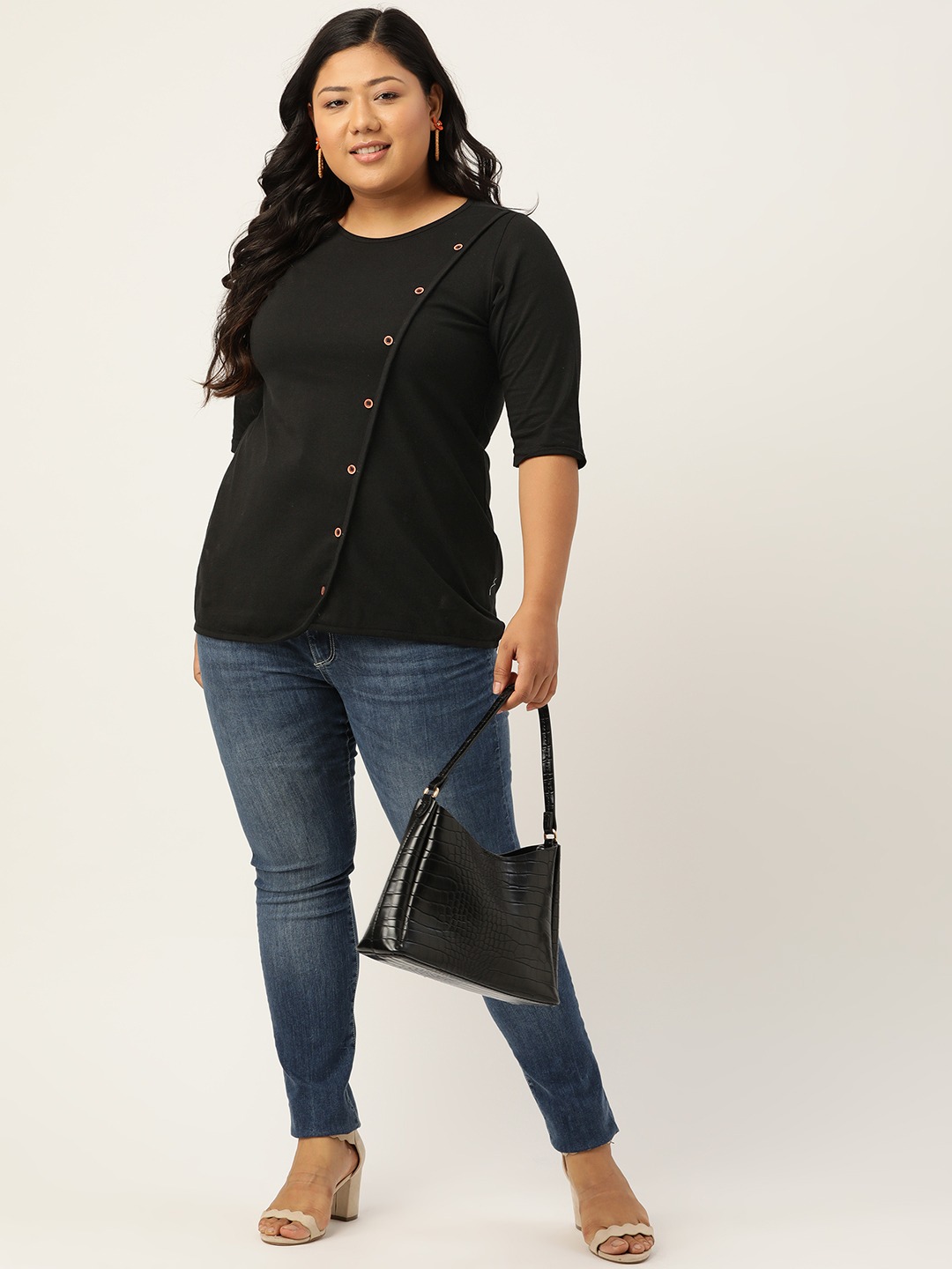 Women's Plus SizeBlack Solid Color Diagonal Button Cotton Top