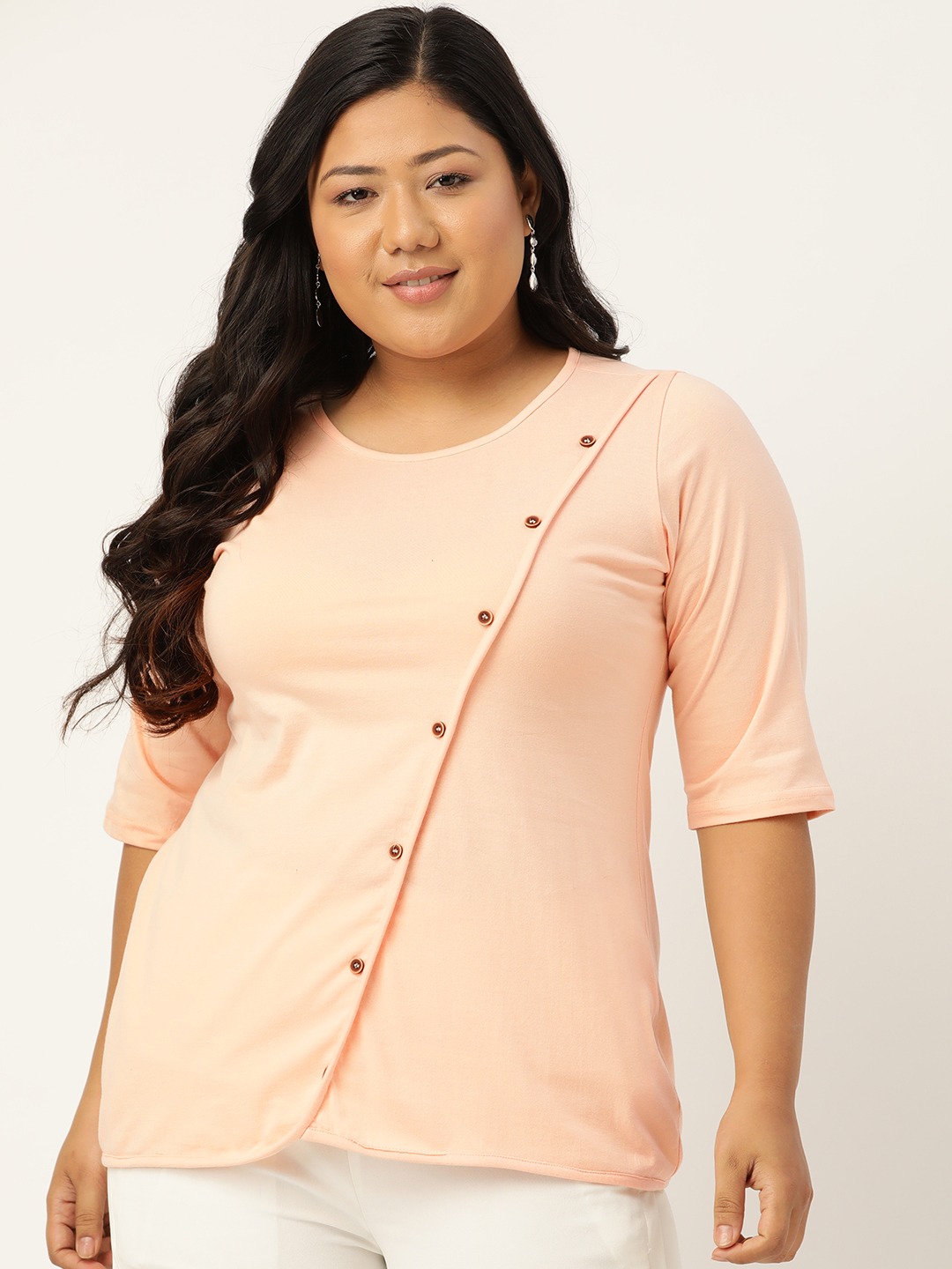 Women's Plus Size Peach Solid Color Diagonal Button Cotton Top