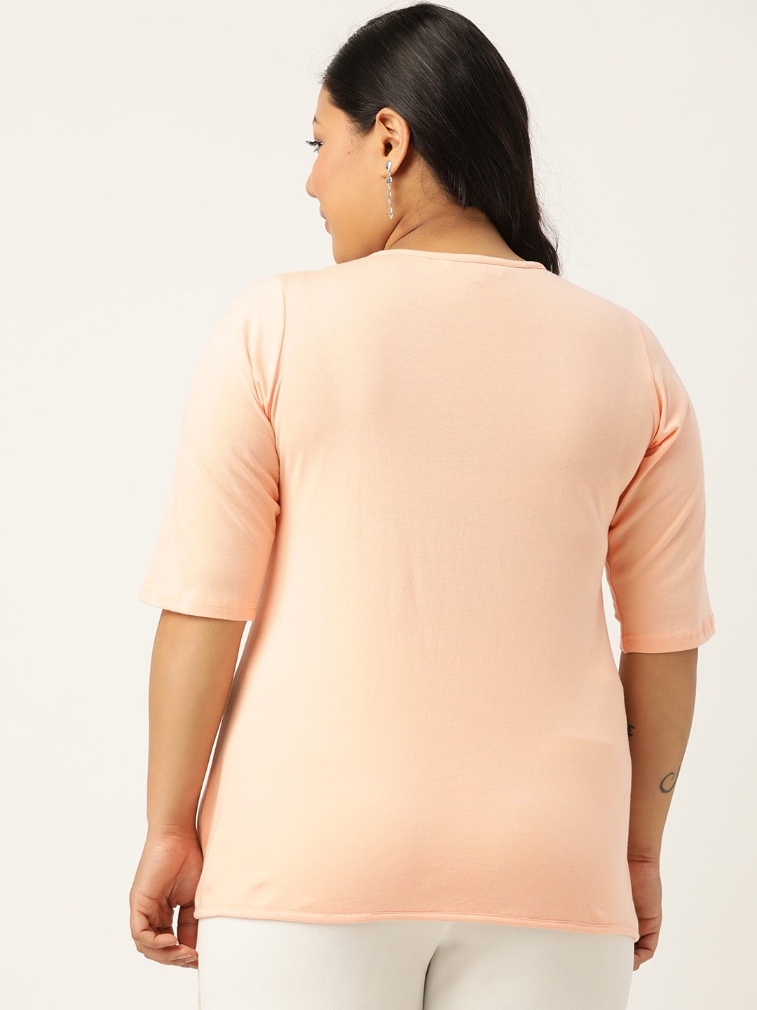 Women's Plus Size Peach Solid Color Diagonal Button Cotton Top
