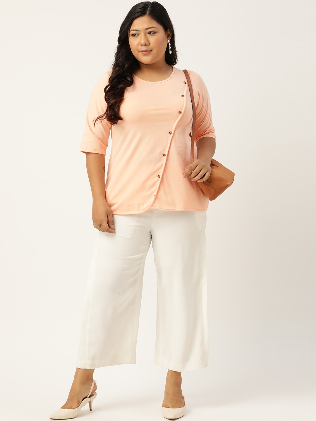 Women's Plus Size Peach Solid Color Diagonal Button Cotton Top