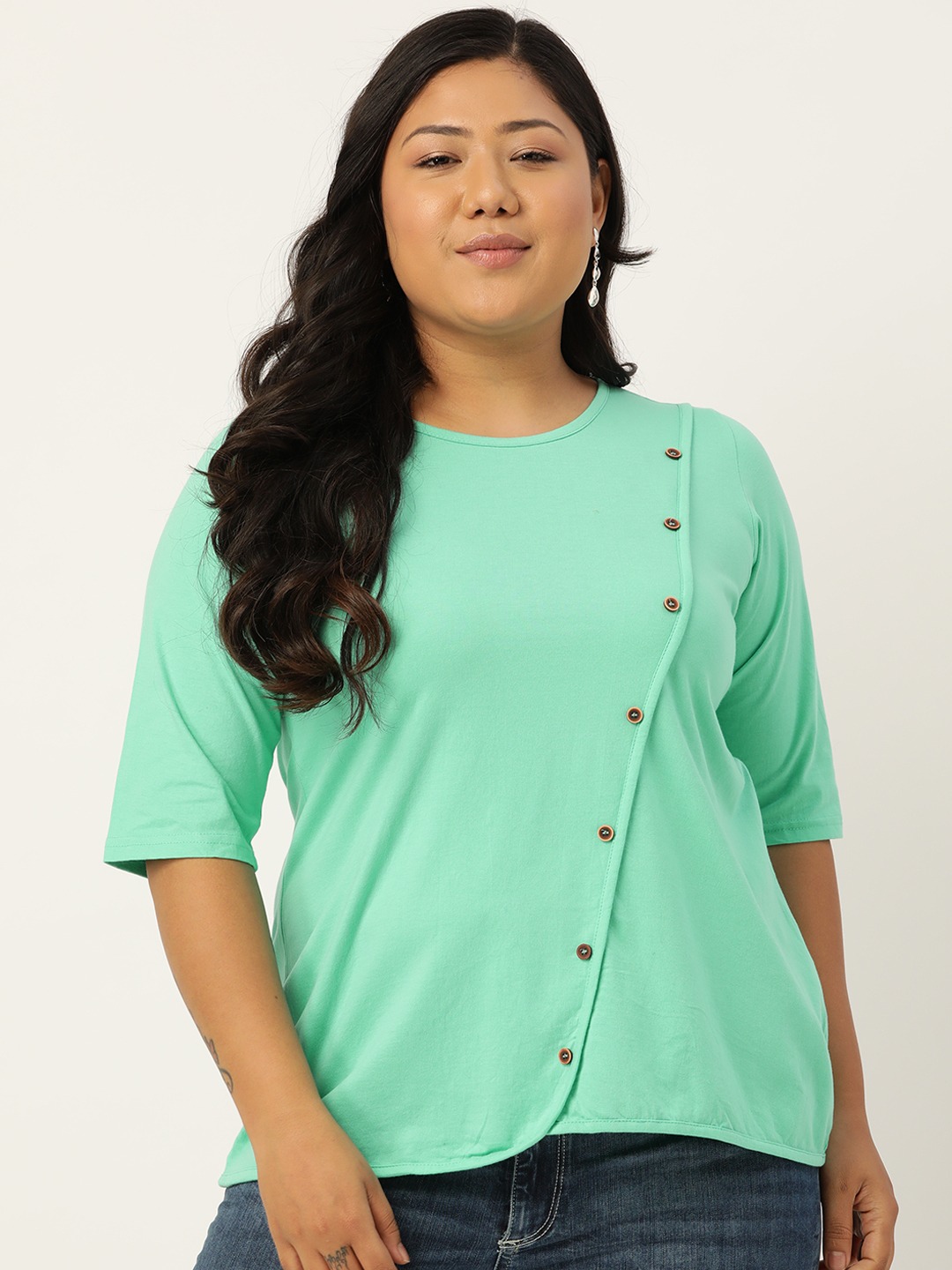 Women's Plus SizeSeaGreen Solid Color Diagonal Button Cotton Top