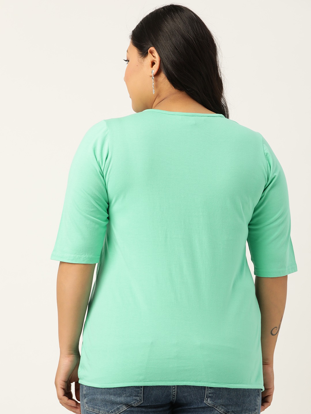 Women's Plus SizeSeaGreen Solid Color Diagonal Button Cotton Top