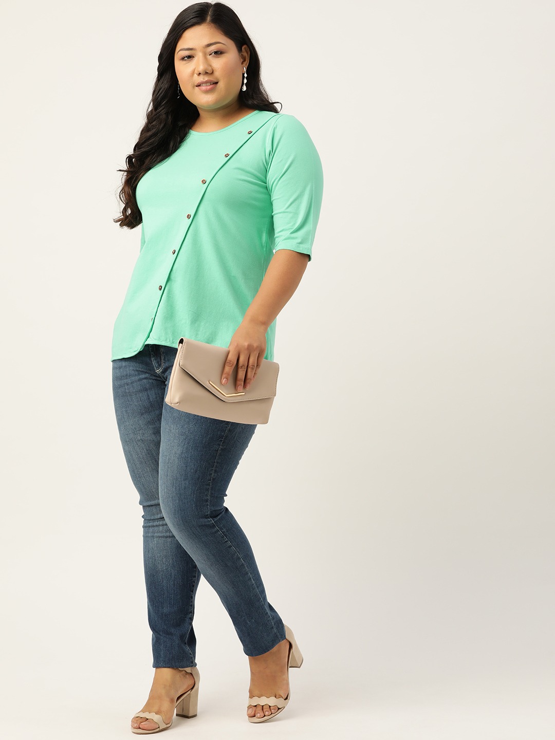 Women's Plus SizeSeaGreen Solid Color Diagonal Button Cotton Top