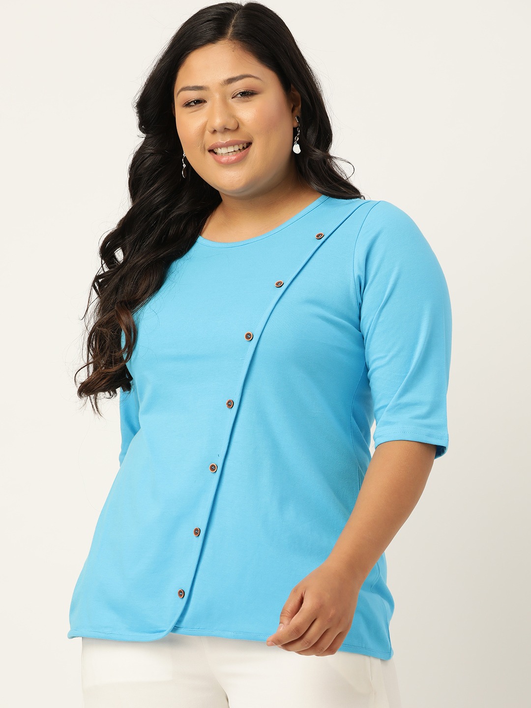 Women's Plus SizeTurq Solid Color Diagonal Button Cotton Top