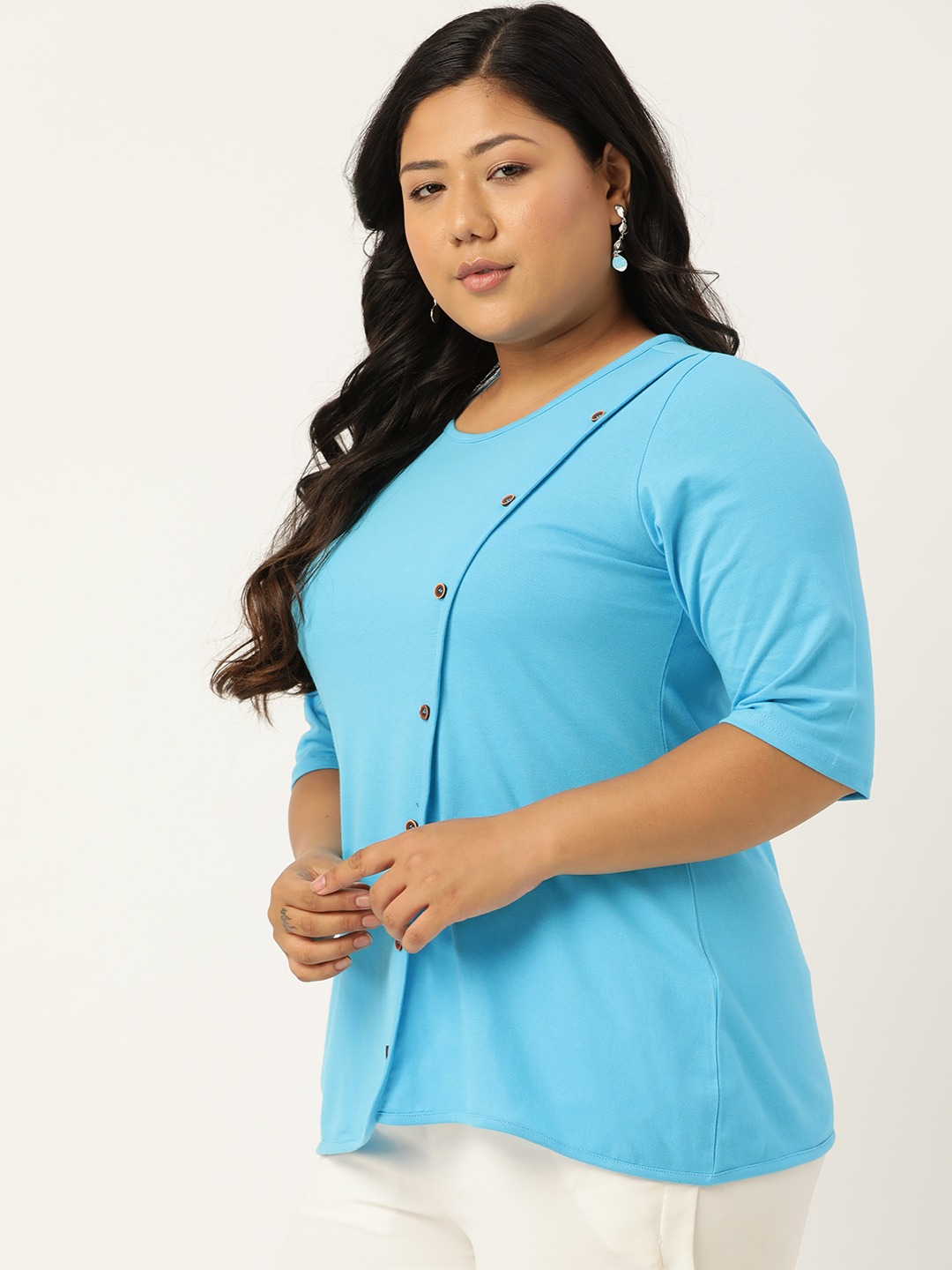 Women's Plus SizeTurq Solid Color Diagonal Button Cotton Top