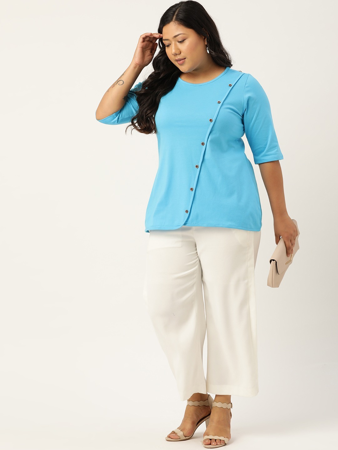 Women's Plus SizeTurq Solid Color Diagonal Button Cotton Top