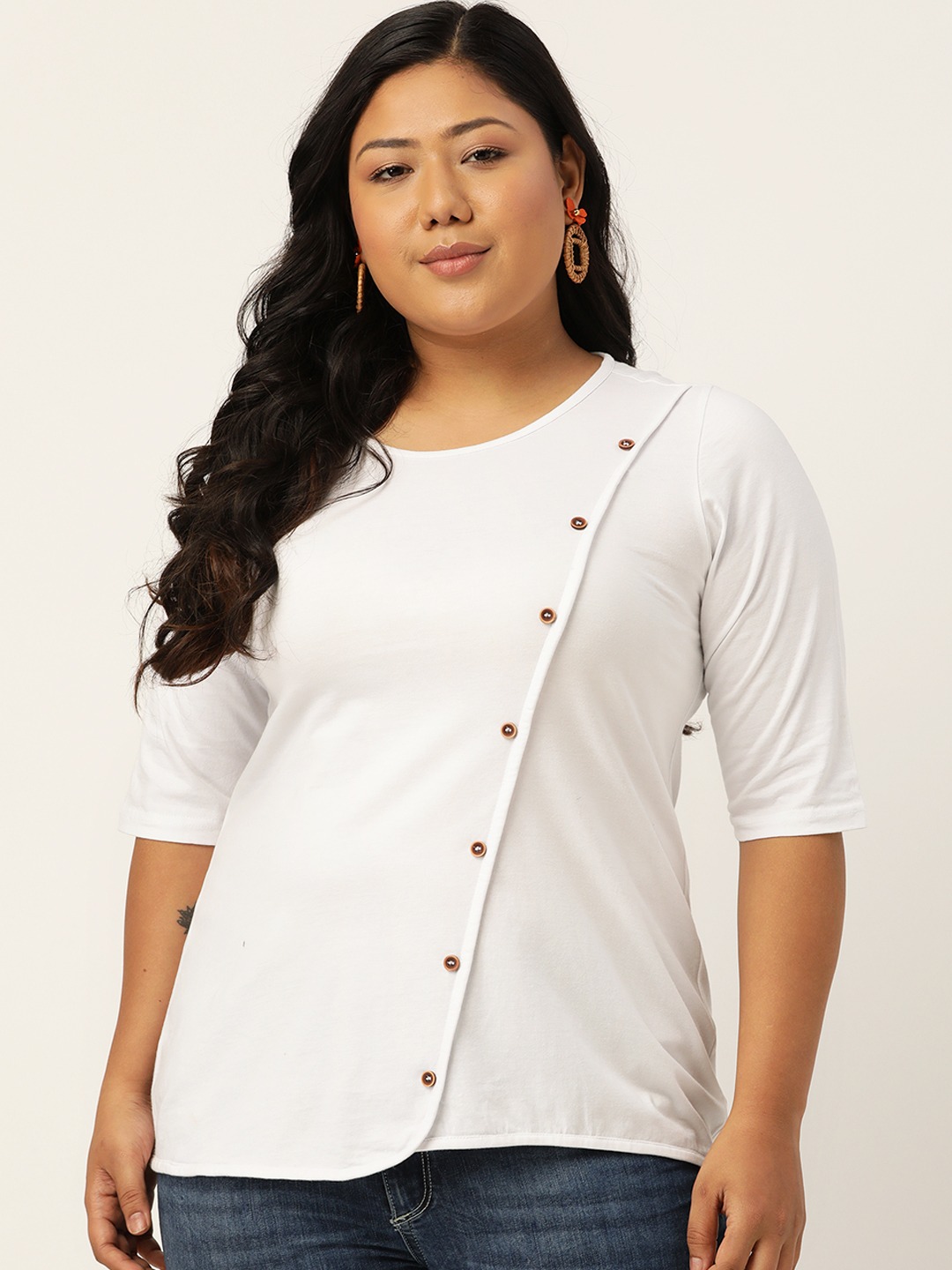 Women's Plus SizeWhite Solid Color Diagonal Button Cotton Top