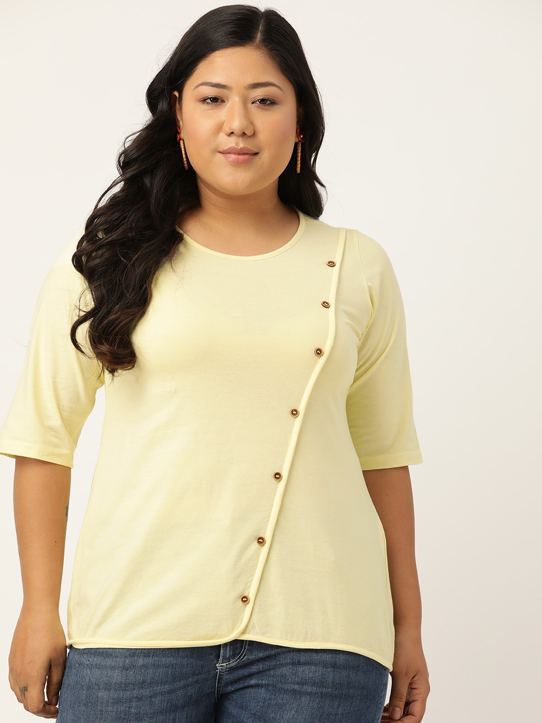 Women's Plus SizeYellow Solid Color Diagonal Button Cotton Top