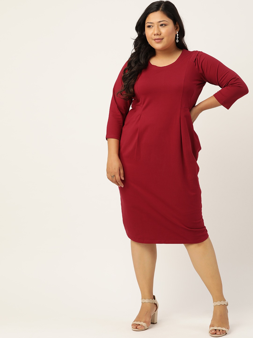 Women's Plus Size Maroon Solid Color Sheath Dress