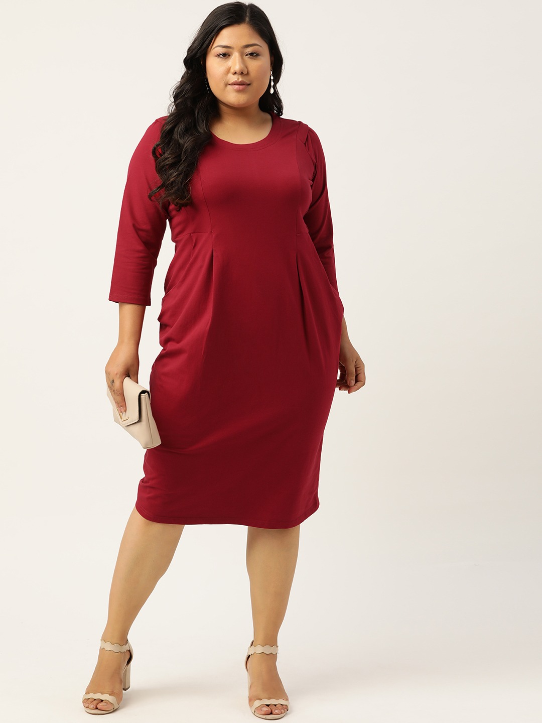Women's Plus Size Maroon Solid Color Sheath Dress