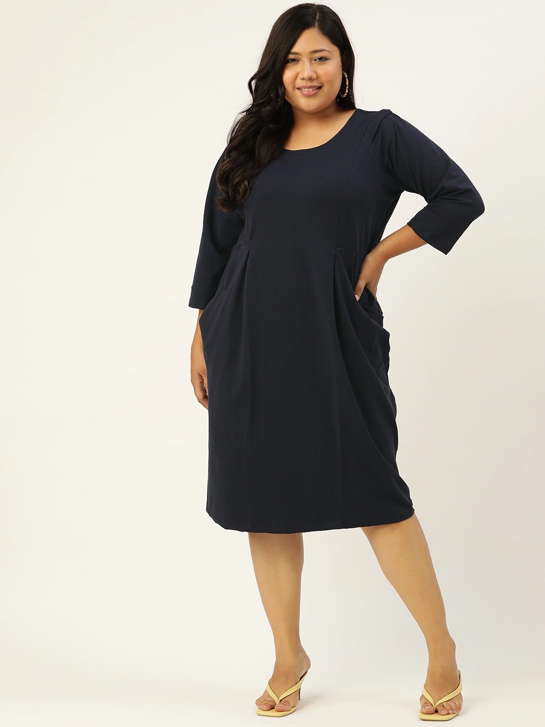 Women's Plus Size Navy Blue Solid Color Sheath Dress