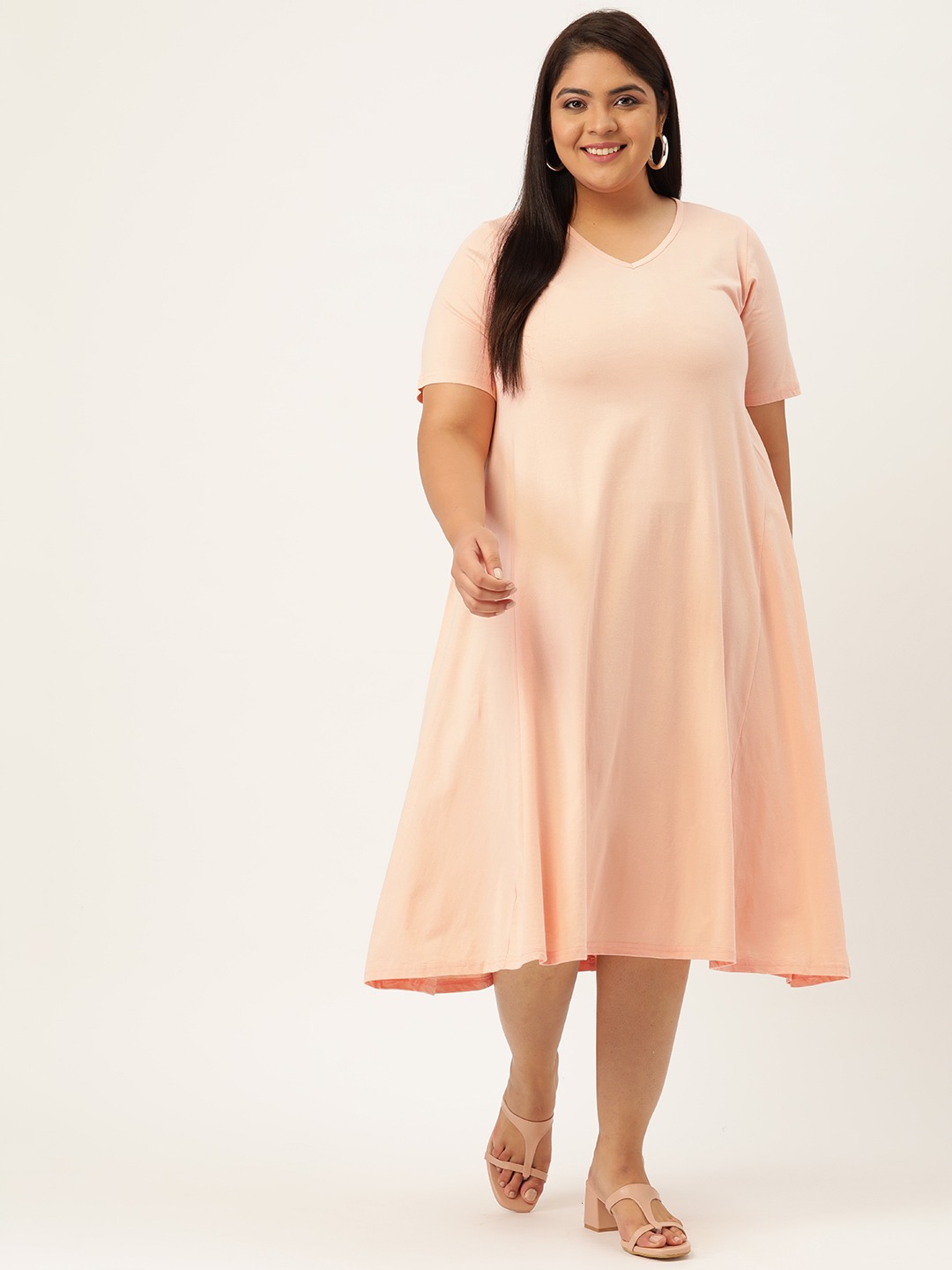 Women's Plus Size Light Peach Solid Color V-Neck Cotton A-Line Dress