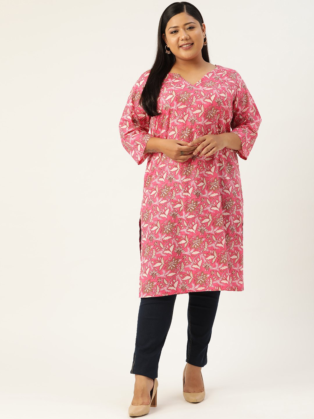 Women's Plus Size Pink Floral Printed Cotton Tunic