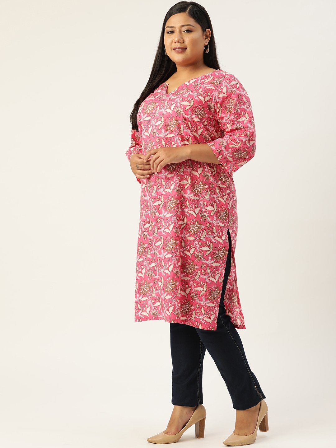Women's Plus Size Pink Floral Printed Cotton Tunic