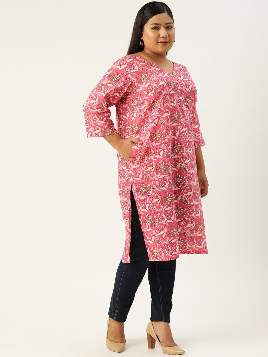 Women's Plus Size Pink Floral Printed Cotton Tunic