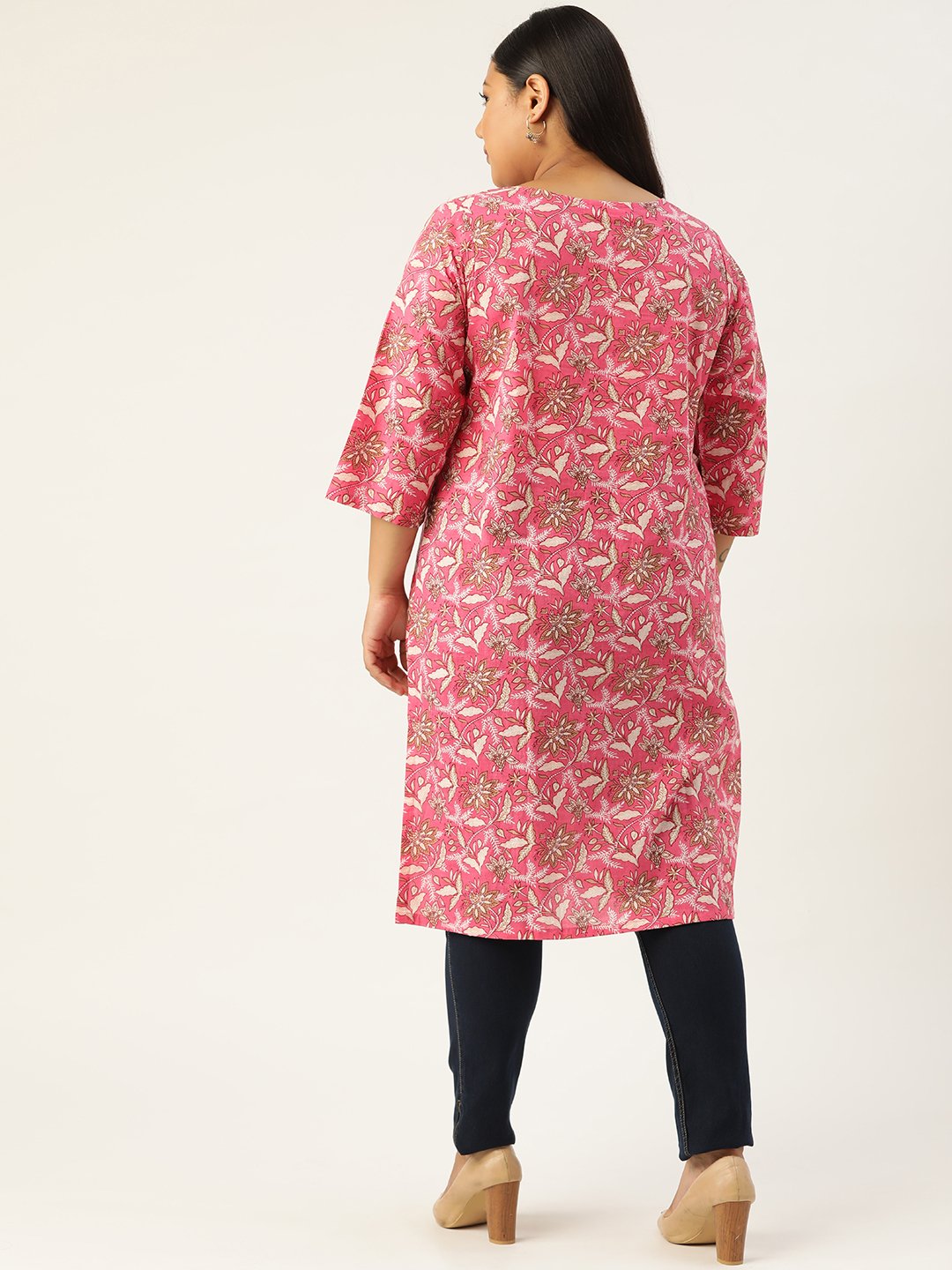 Women's Plus Size Pink Floral Printed Cotton Tunic