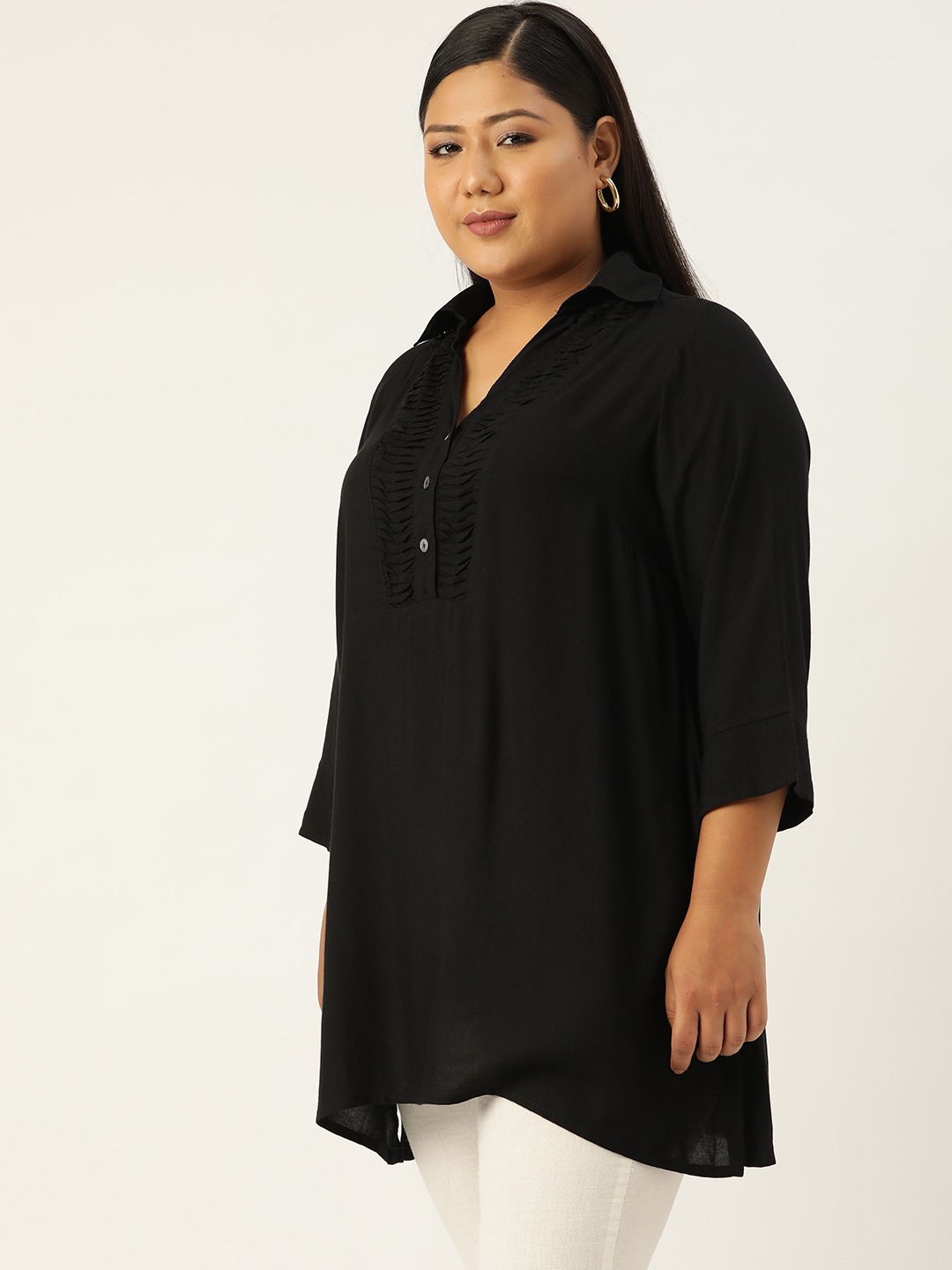 Women's Plus SizeBlack Solid Color Shirt Collar Tunic