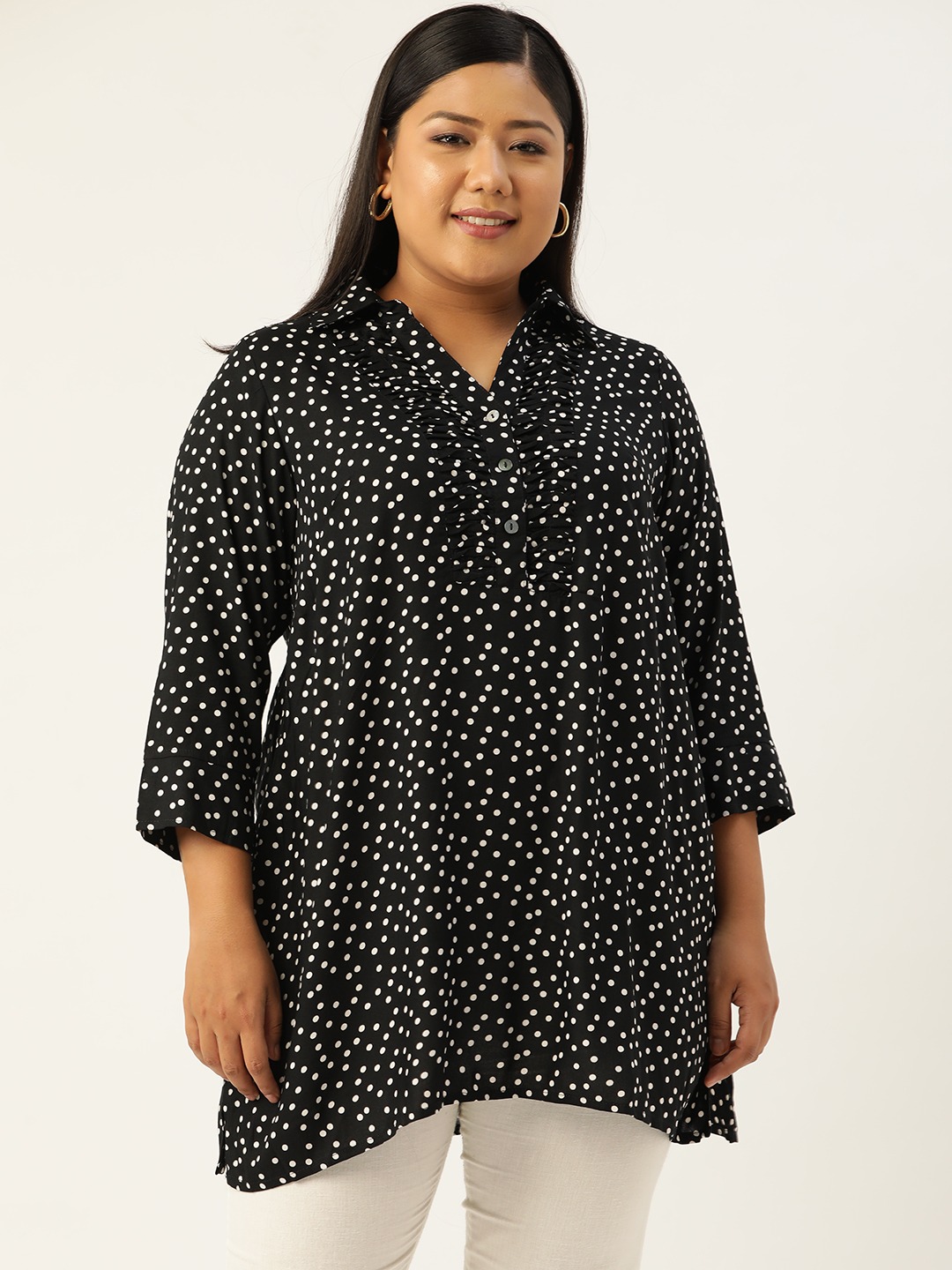 Women's Plus SizeBlack & White Polka Dot Printed Shirt Collar Tunic