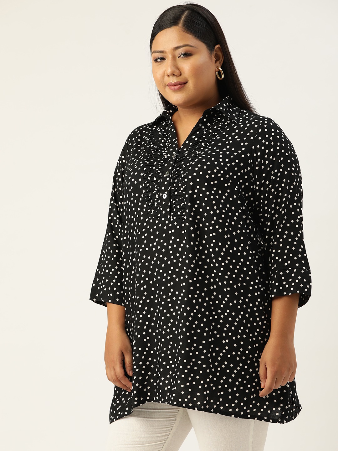 Women's Plus SizeBlack & White Polka Dot Printed Shirt Collar Tunic