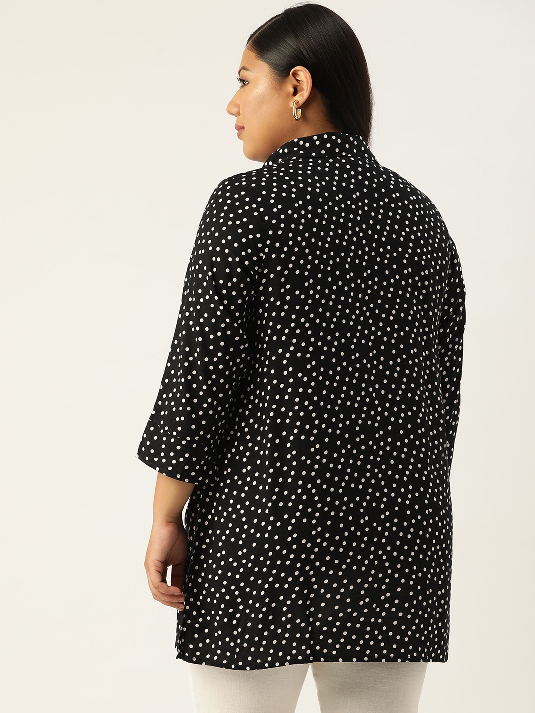 Women's Plus SizeBlack & White Polka Dot Printed Shirt Collar Tunic