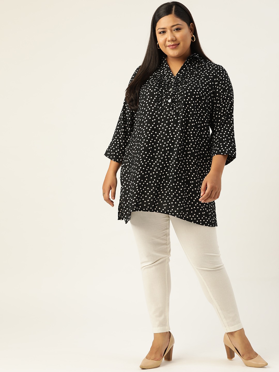 Women's Plus SizeBlack & White Polka Dot Printed Shirt Collar Tunic