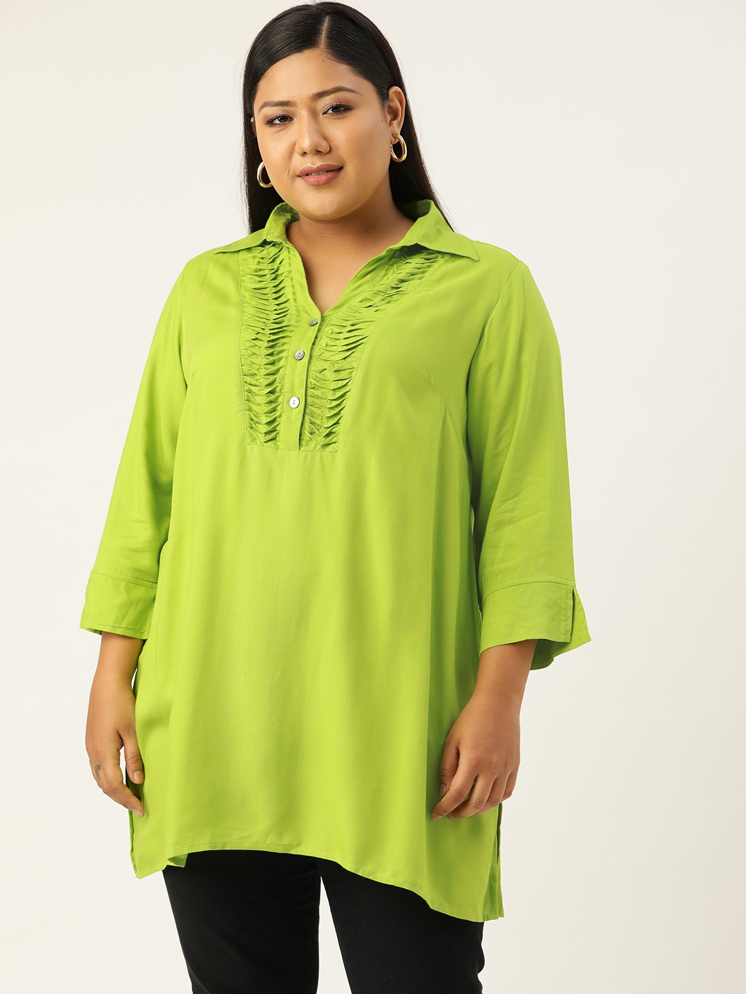 Women's Plus SizeGreen Solid Color Shirt Collar Tunic