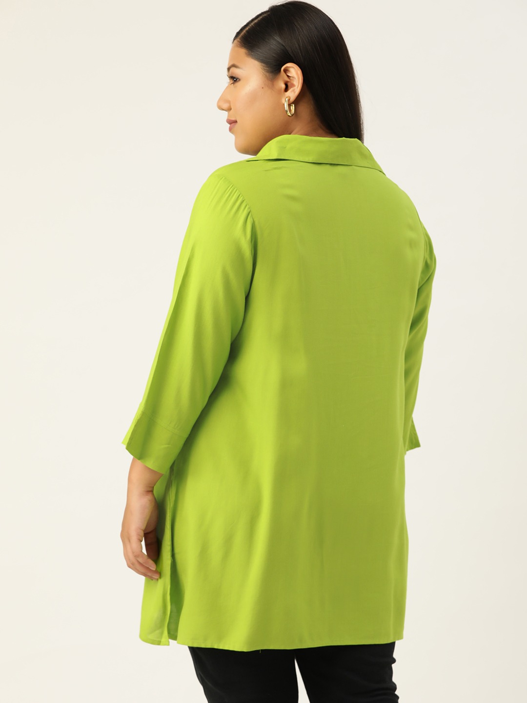 Women's Plus SizeGreen Solid Color Shirt Collar Tunic