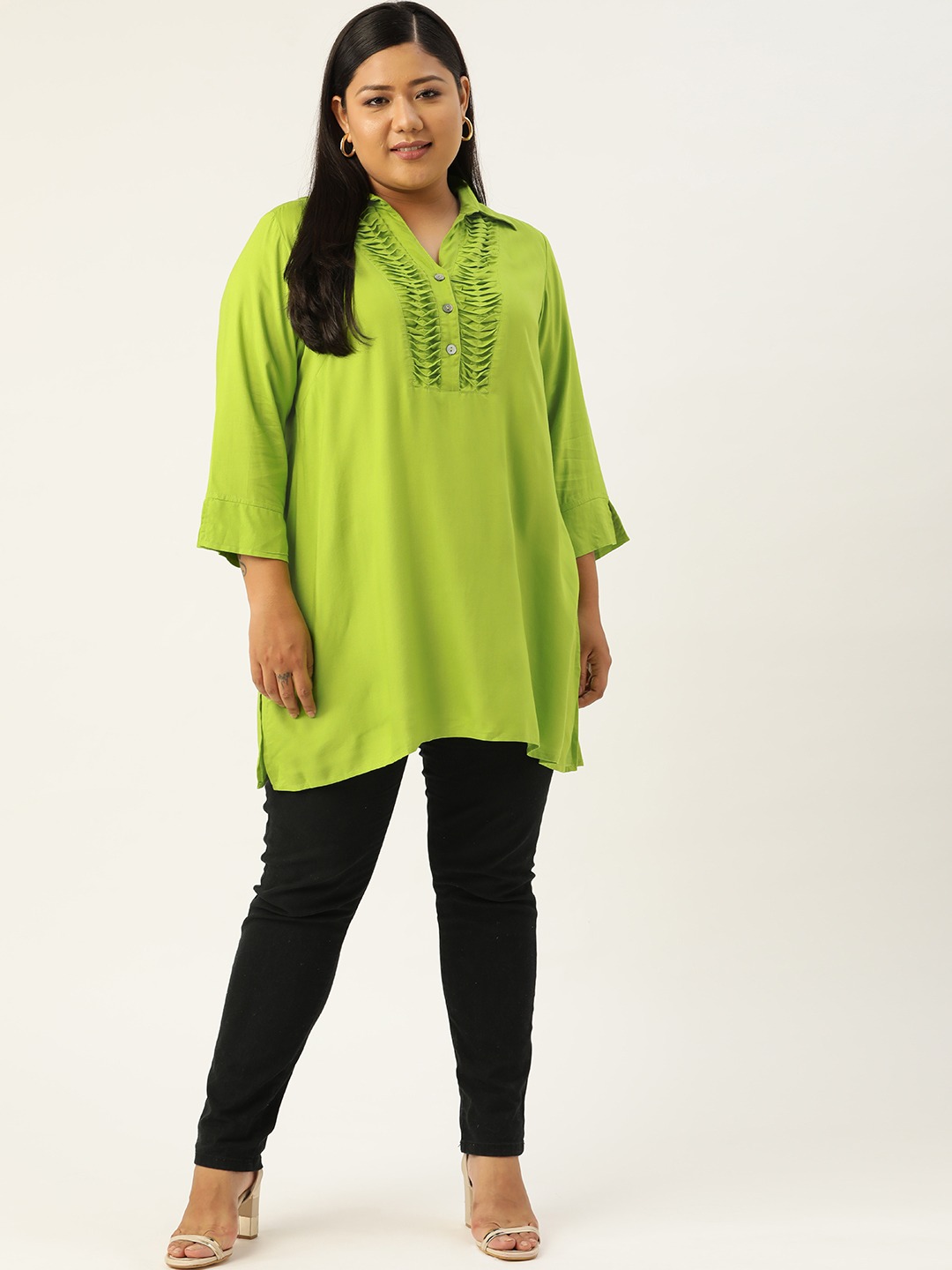 Women's Plus SizeGreen Solid Color Shirt Collar Tunic