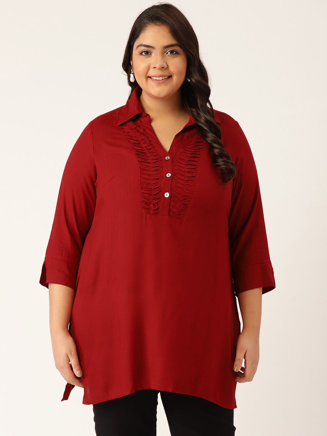 Women's Plus SizeMaroon Solid Color Shirt Collar Tunic
