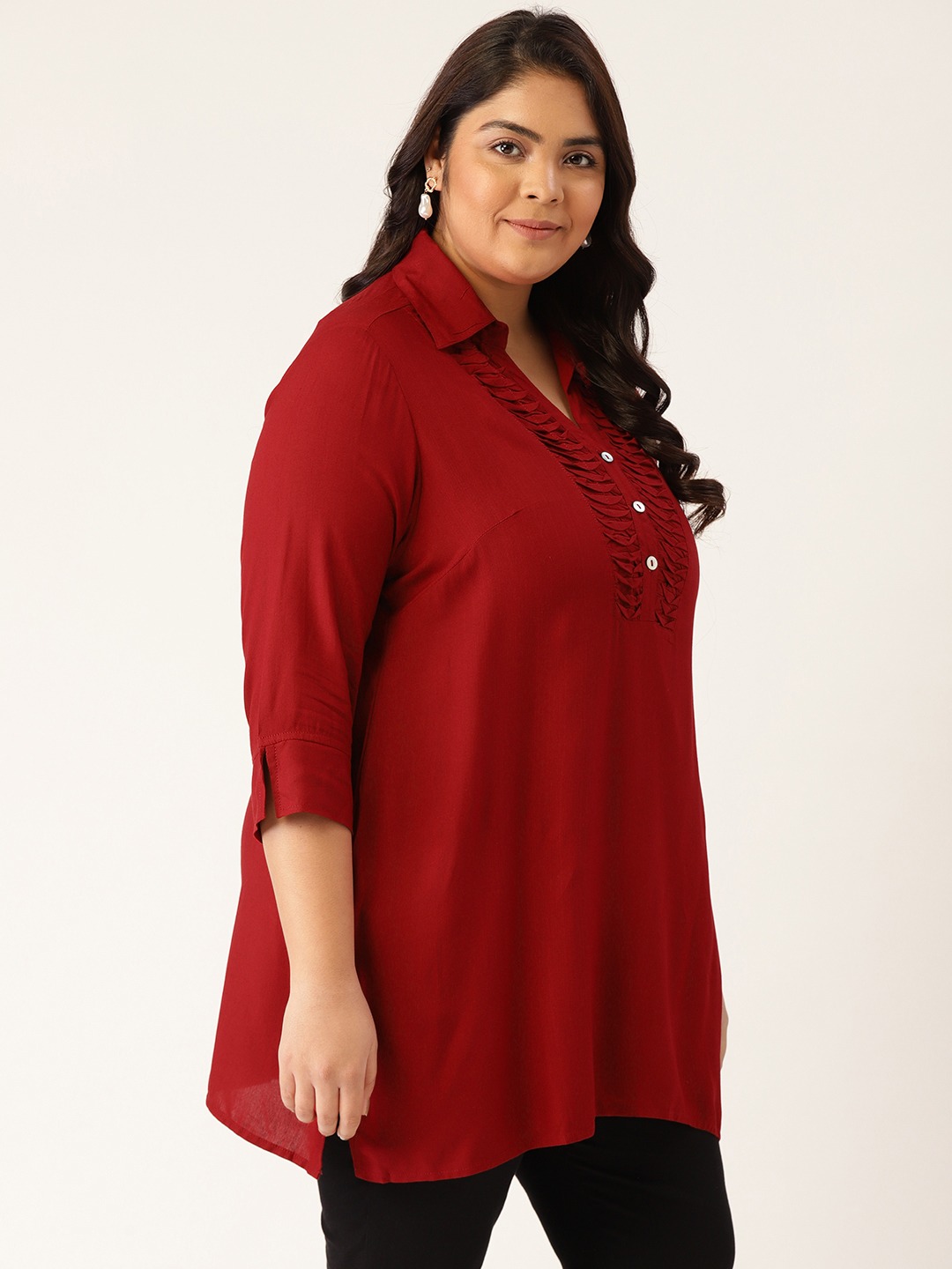Women's Plus SizeMaroon Solid Color Shirt Collar Tunic