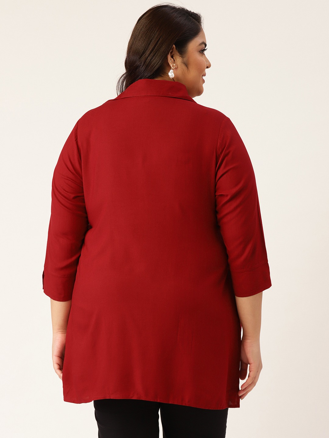 Women's Plus SizeMaroon Solid Color Shirt Collar Tunic