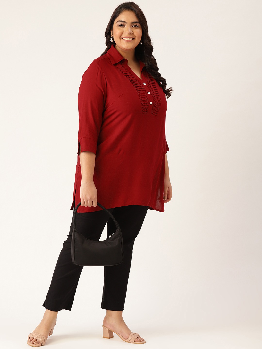 Women's Plus SizeMaroon Solid Color Shirt Collar Tunic