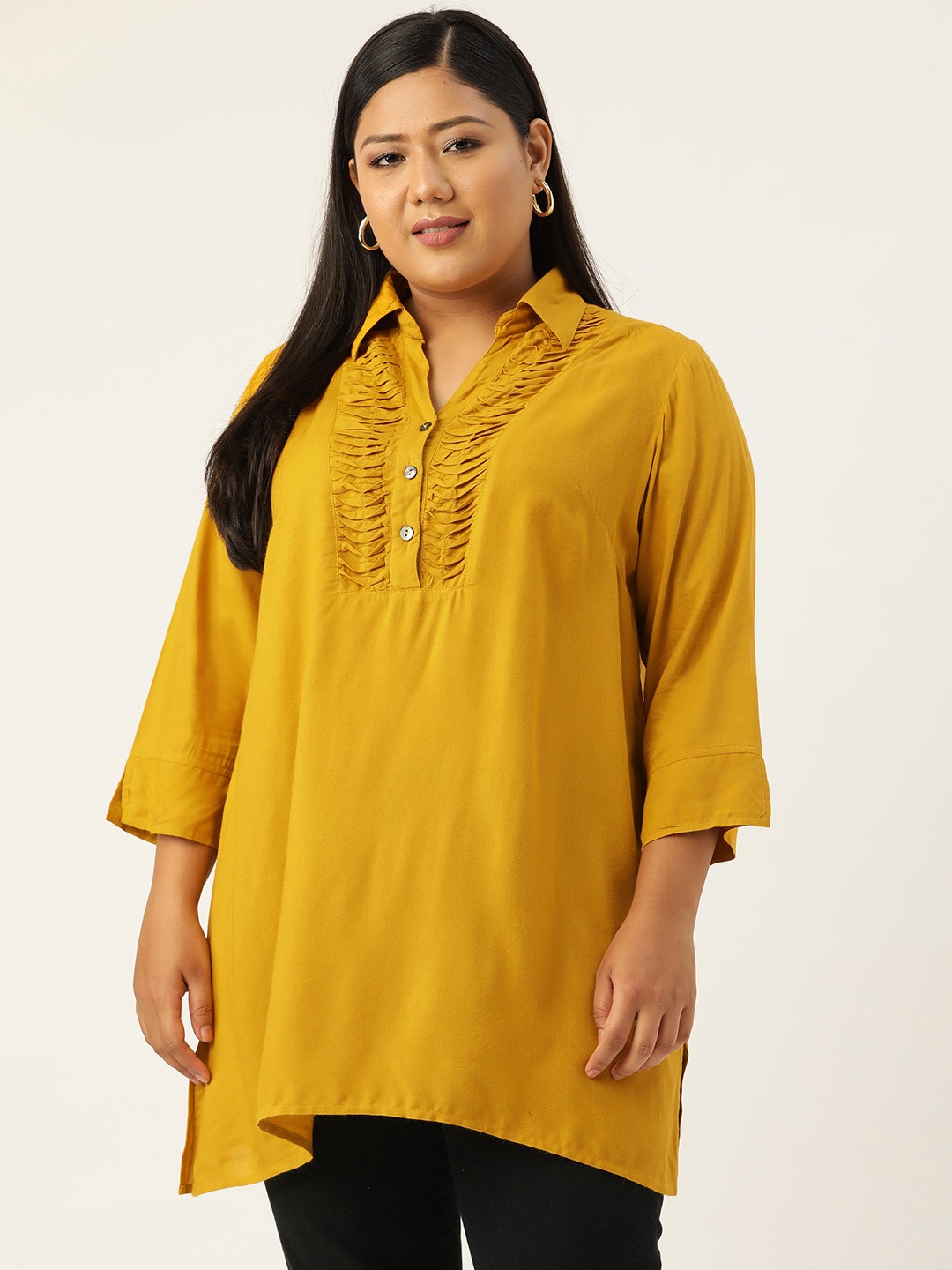 Women's Plus SizeMustard Solid Color Shirt Collar Tunic