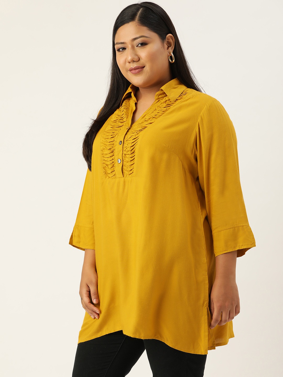 Women's Plus SizeMustard Solid Color Shirt Collar Tunic