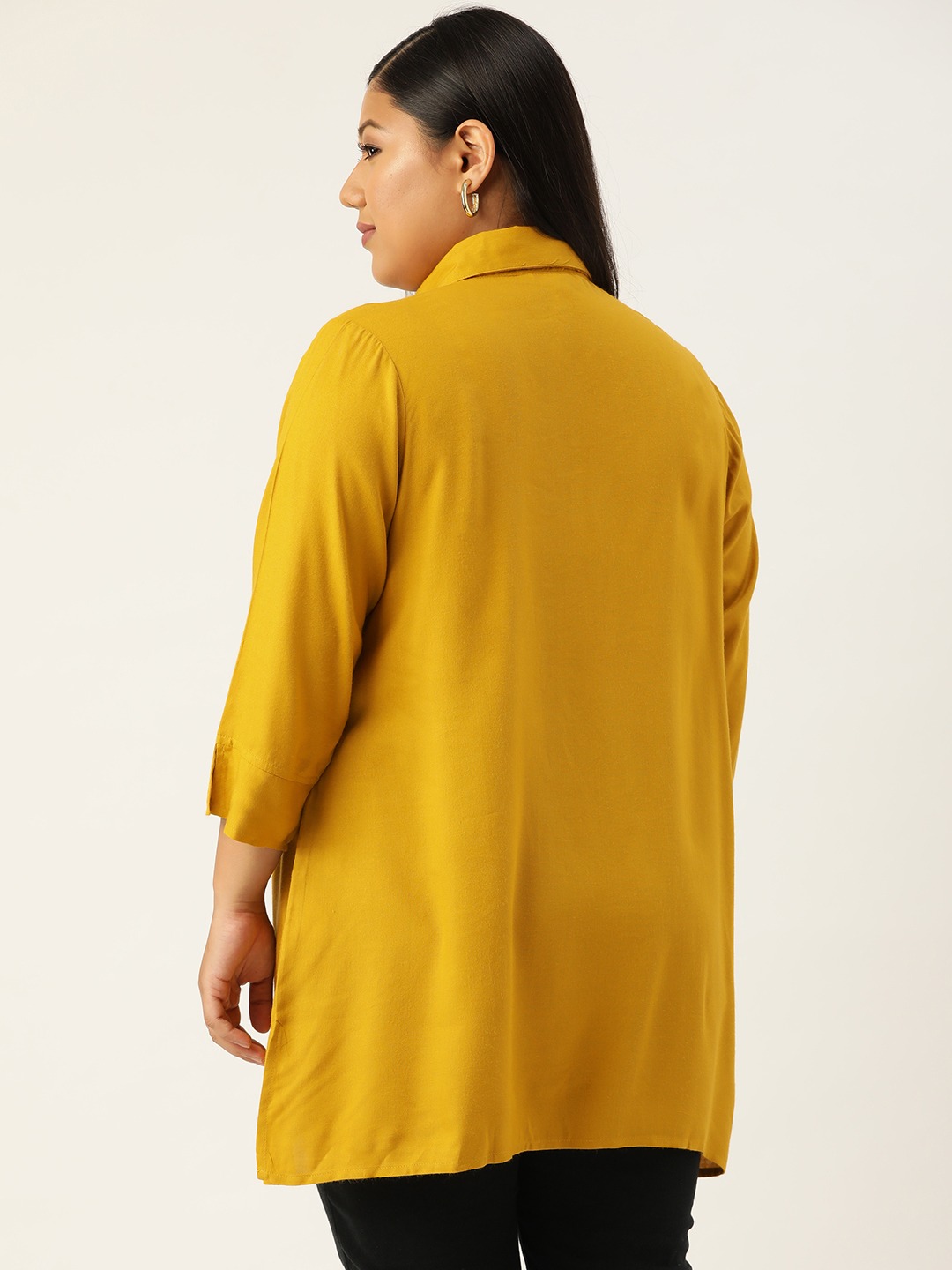 Women's Plus SizeMustard Solid Color Shirt Collar Tunic