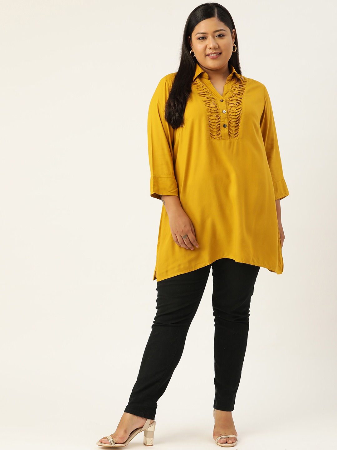 Women's Plus SizeMustard Solid Color Shirt Collar Tunic