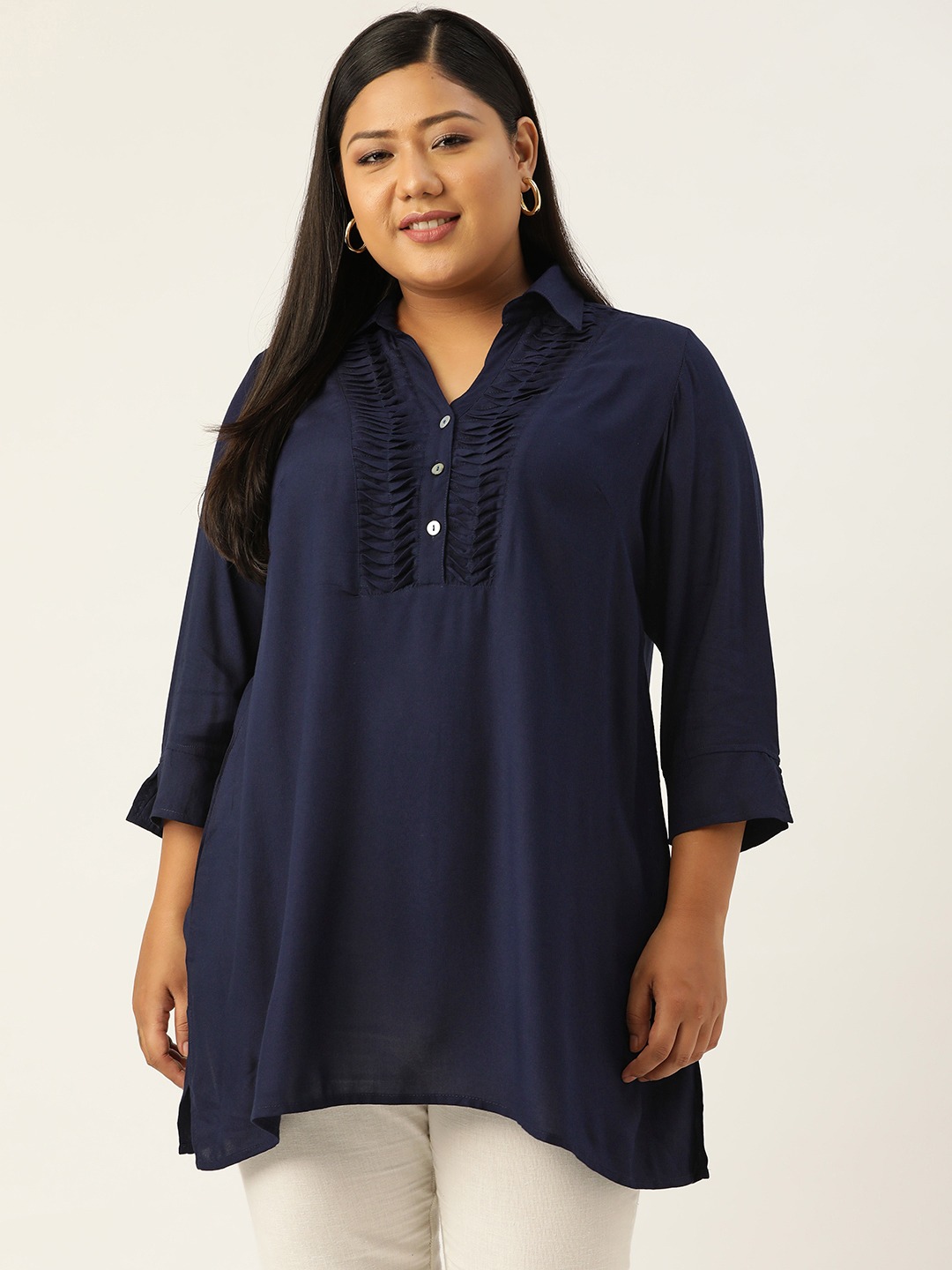 Women's Plus SizeNavy Blue Solid Color Shirt Collar Tunic