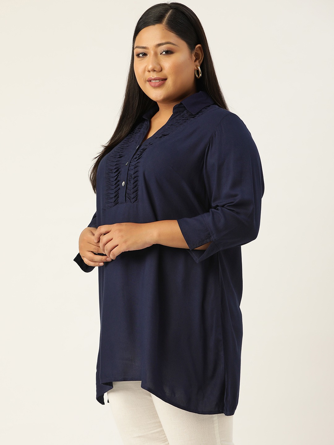 Women's Plus SizeNavy Blue Solid Color Shirt Collar Tunic