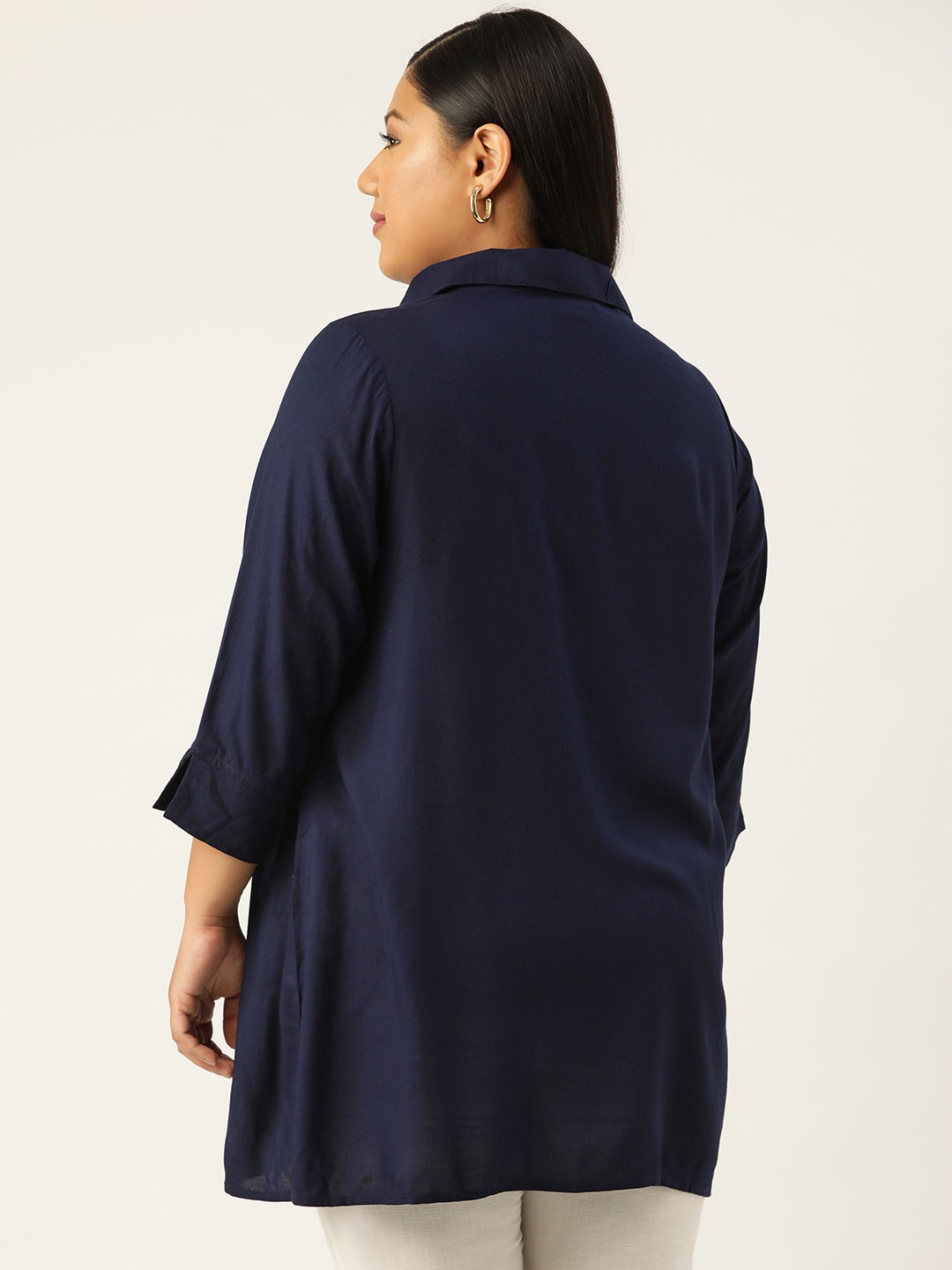 Women's Plus SizeNavy Blue Solid Color Shirt Collar Tunic