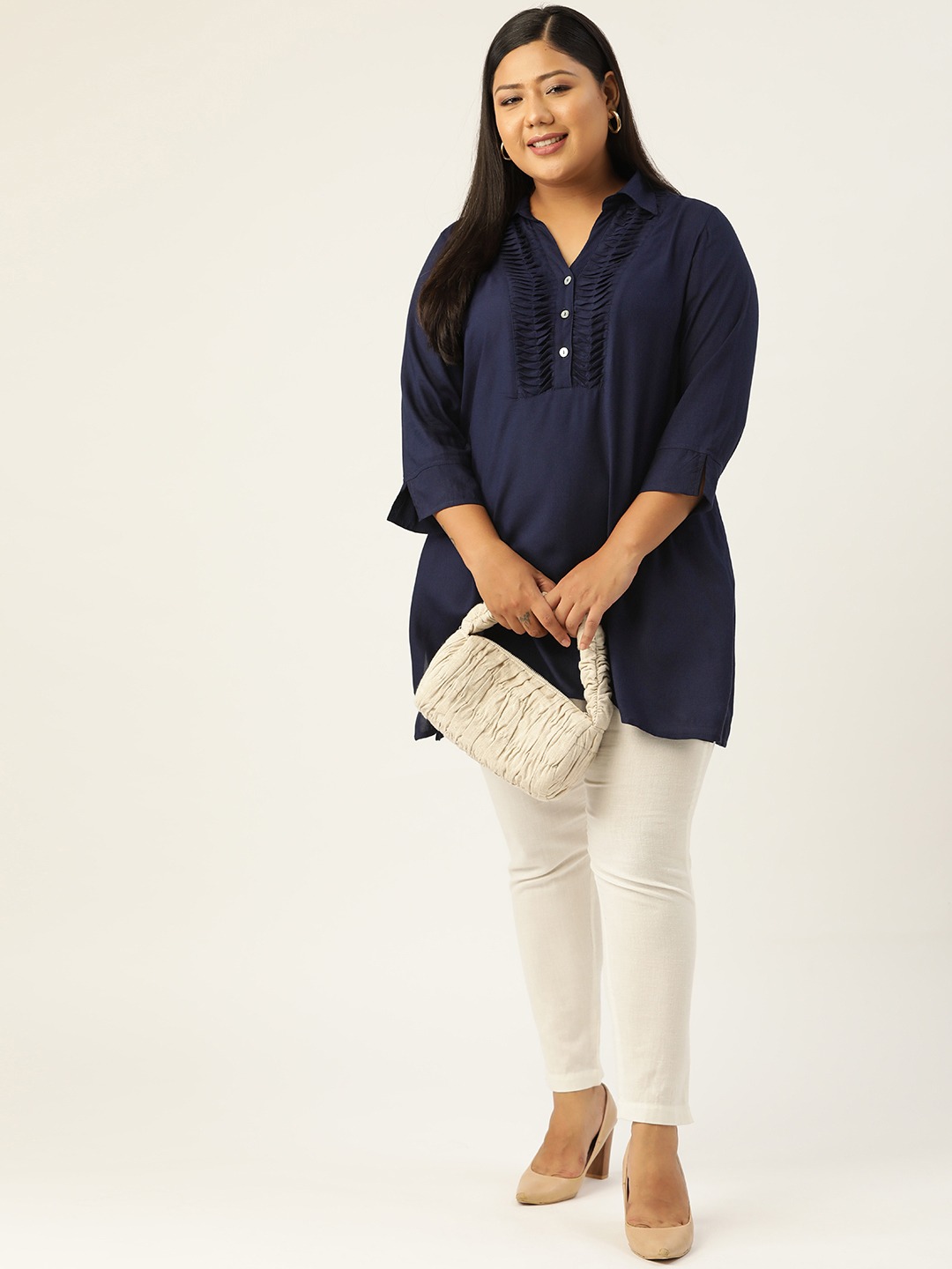 Women's Plus SizeNavy Blue Solid Color Shirt Collar Tunic