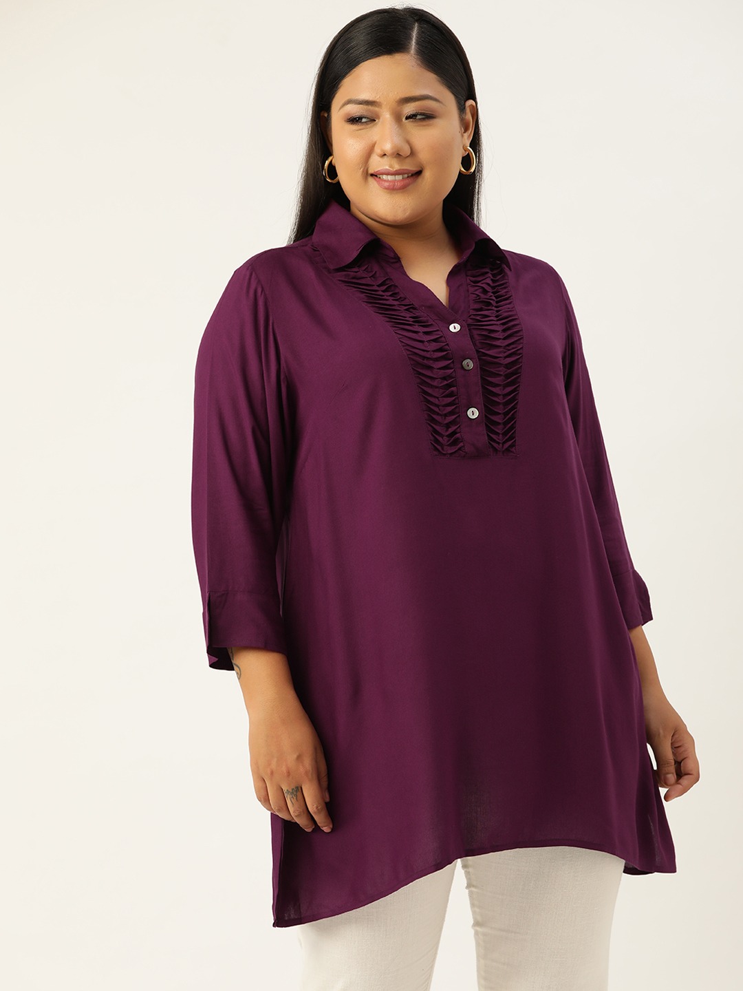 Women's Plus SizePlum Solid Color Shirt Collar Tunic