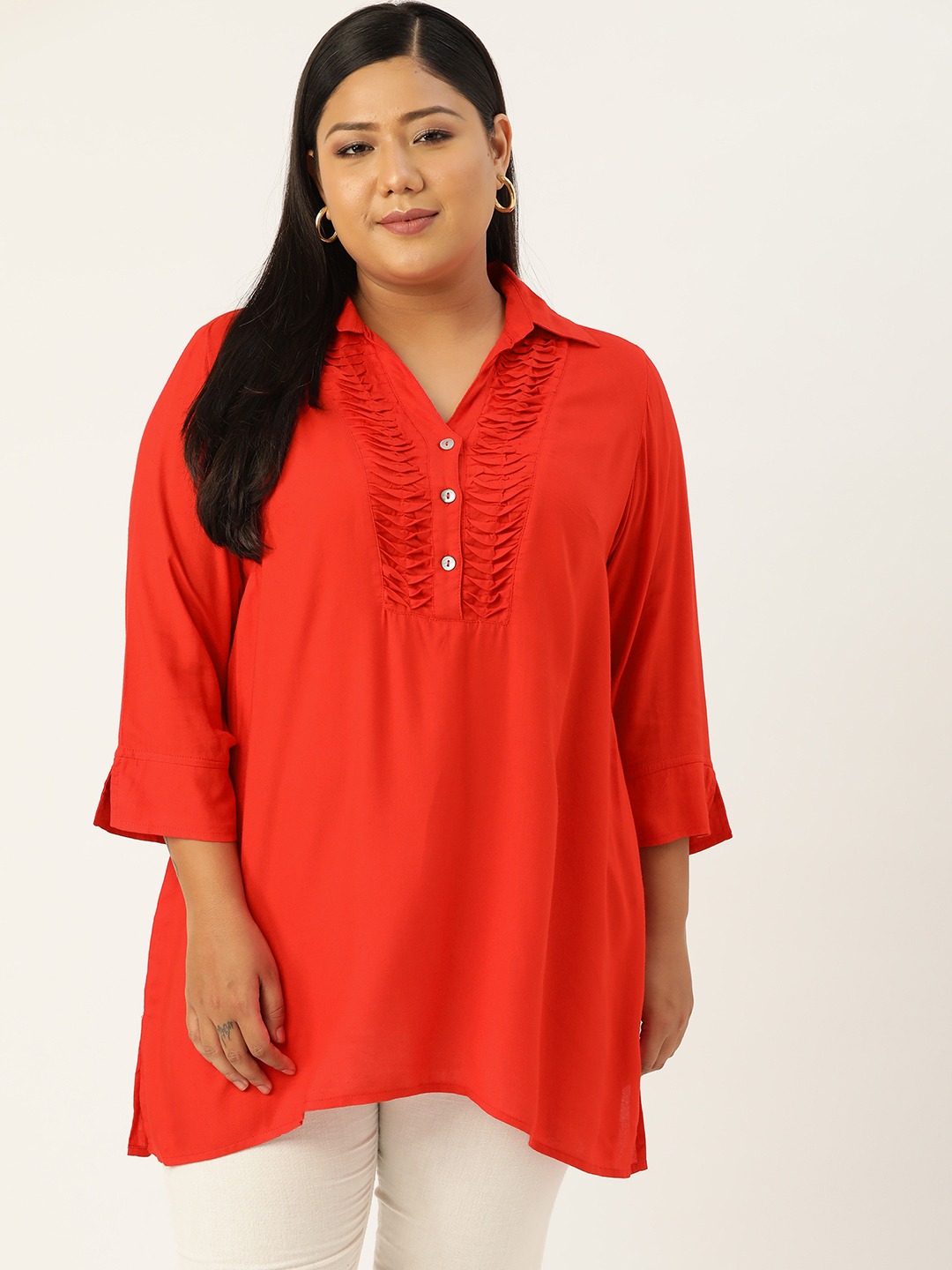 Women's Plus SizeRed Solid Color Shirt Collar Tunic