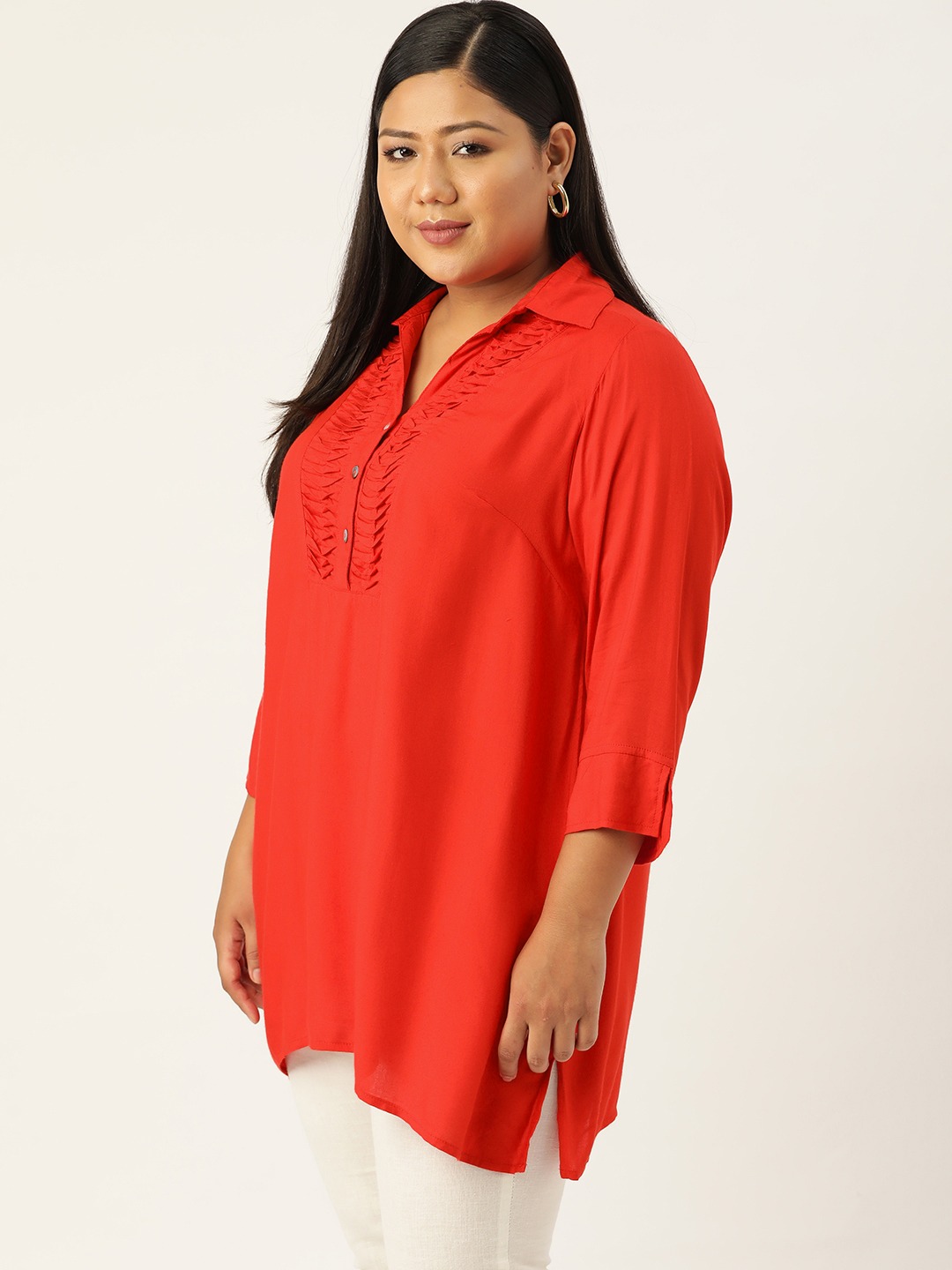 Women's Plus SizeRed Solid Color Shirt Collar Tunic